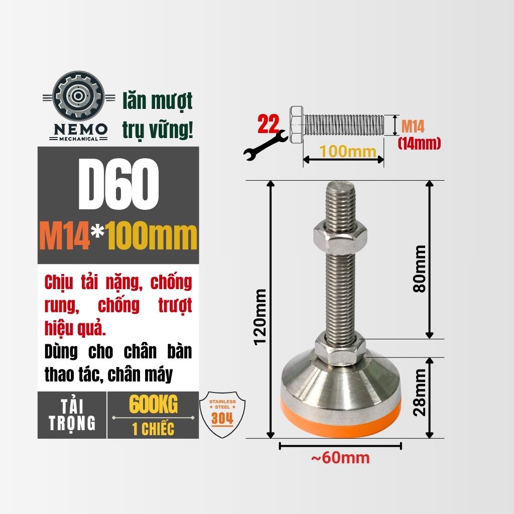 Chân Tăng Chỉnh Inox 304 Ren M14 – Đế Bát Dày Chịu Tải Siêu Nặng 600kg, Chống Ăn Mòn Tuyệt Đối
